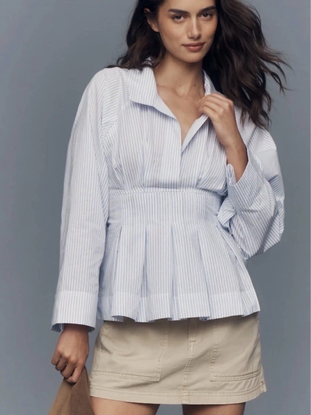 Maeve Light Blue Striped Peplum Button-Down Shirt